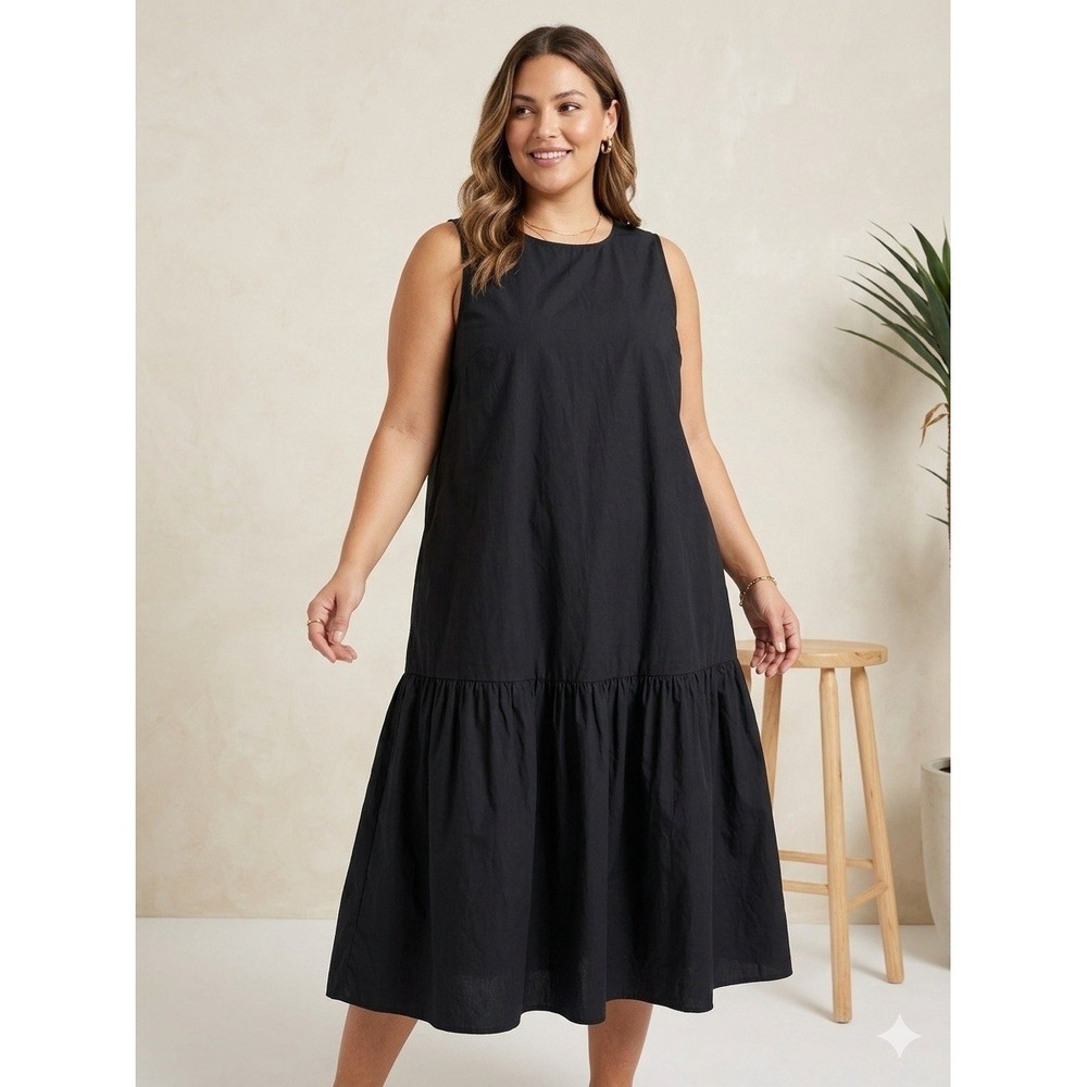 Women's The Drop Black Sleeveless Midi A-Line Cotton Button Dress Round Neck 2X